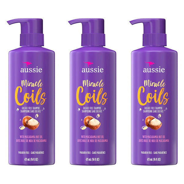 The 3 Pack - Aussie Shampoo Miracle Coils Sulfate Free Shampoo 16oz by Aussie nourishes and defines coils. This sulfate-free, cruelty-free formula is perfect for curly hair and features macadamia nut oil on its label.